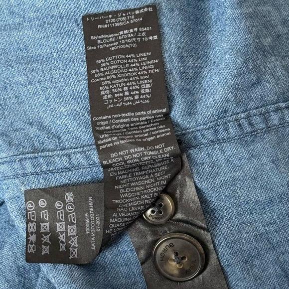 TORY BURCH Linen Cotton Chambray Ruffle High Neck Long Sleeve Pocket Blouse 10 - Picture 9 of 11